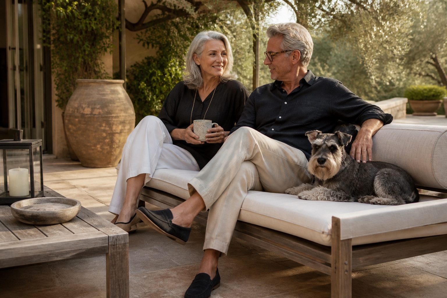 An older couple sharing a quiet California afternoon with an adult Miniature Schnauzer